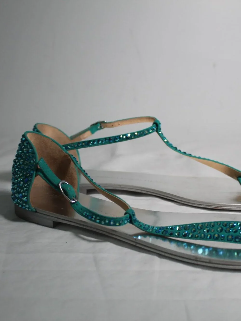 Giuseppe Zanotti Turquoise Suede Crystal Embellished T-Strap Flats Sandals 41